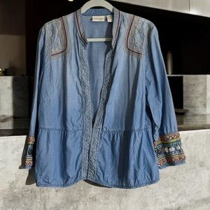 Chico's Coin Detailed Lightweight Jacket Boho Jean Chambray XLP 3P Embroidered‎